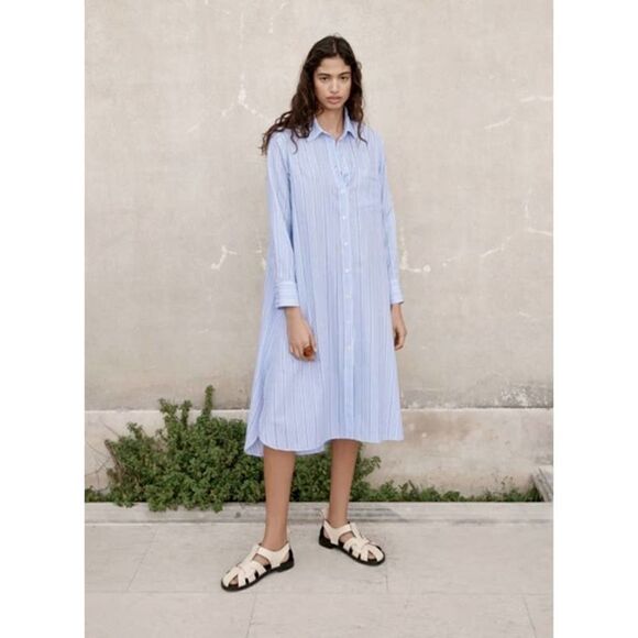 Zara Shirt Dress Blue Striped Midi - Picture 8 of 8